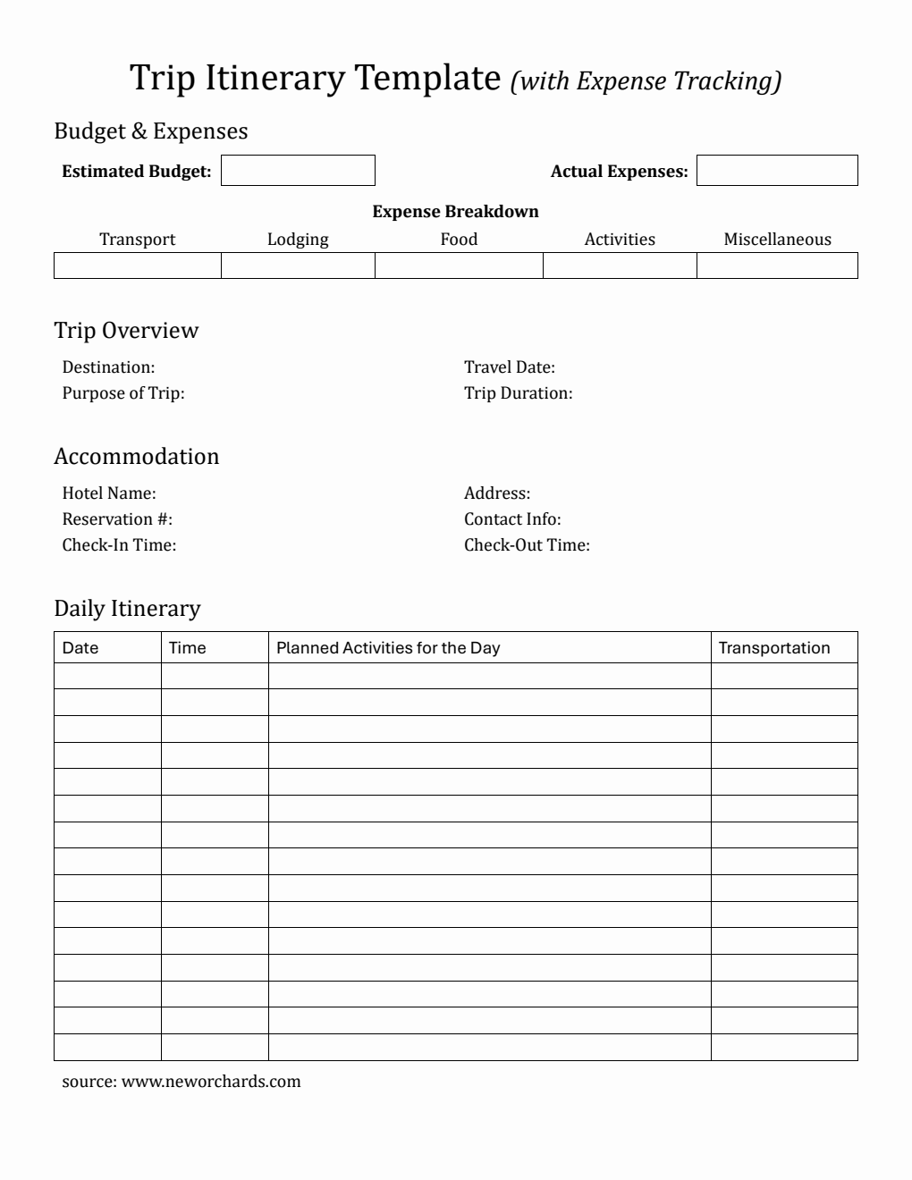 Printable Comprehensive Trip Itinerary Template for Organized Travel Planning (PDF)