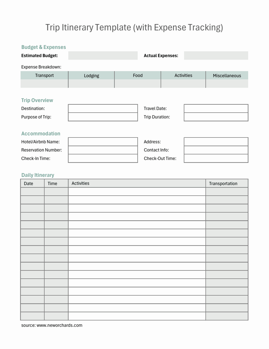 Downloadable Comprehensive Trip Itinerary Template for Organized Travel Planning (Excel)