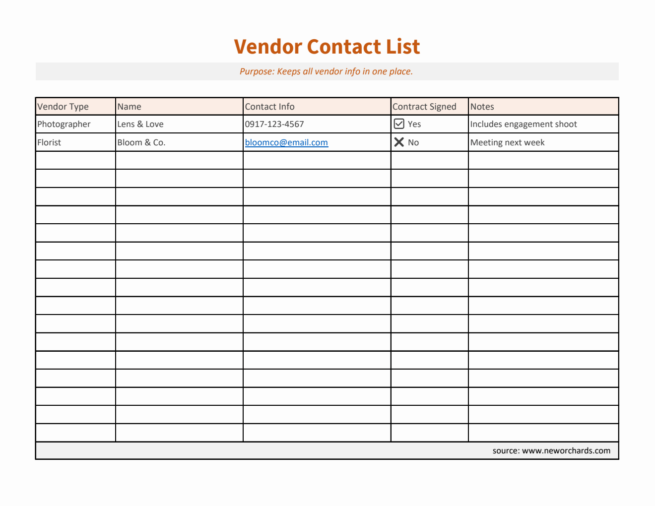 Editable Vendor Contact List (Excel)