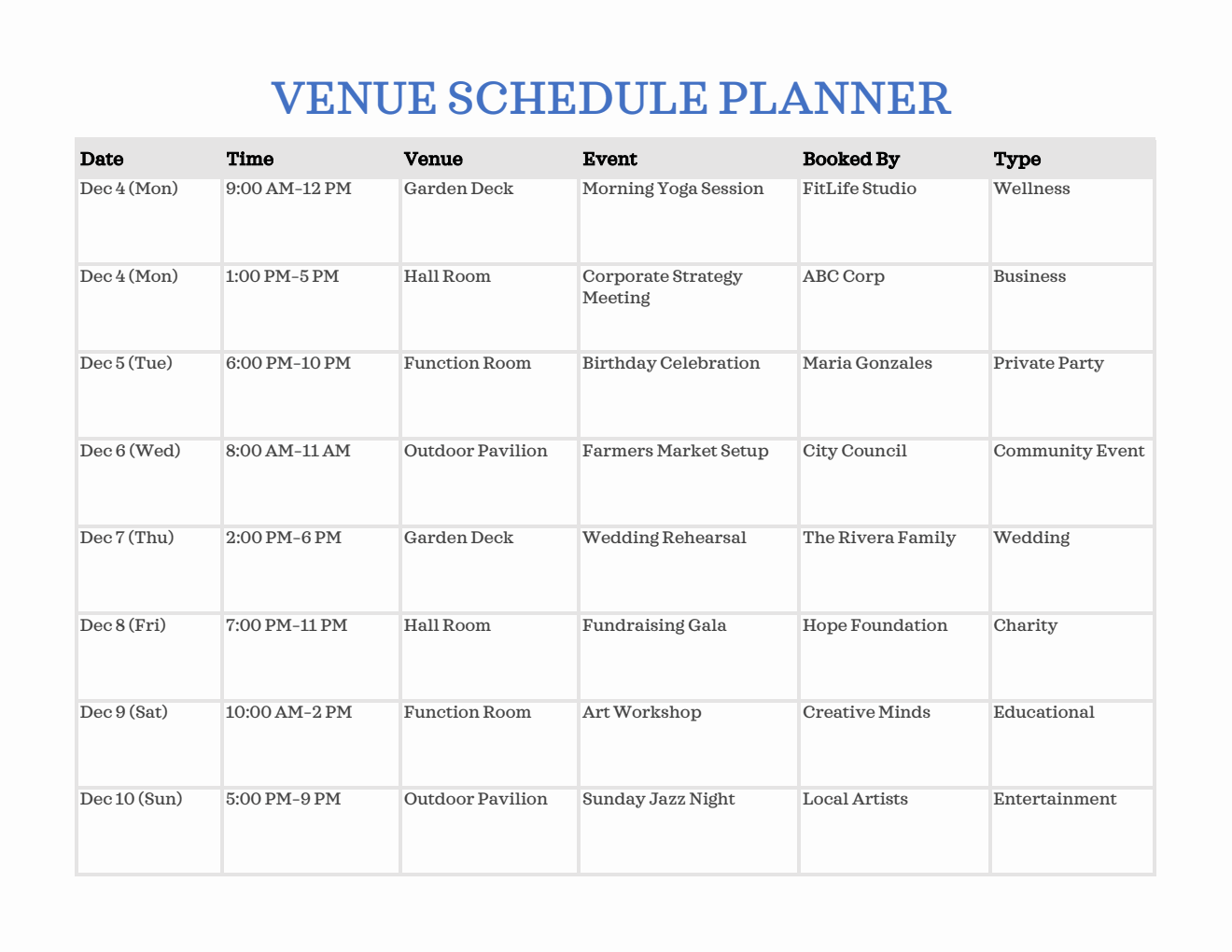 Venue Schedule Template - Free to Customize in Excel
