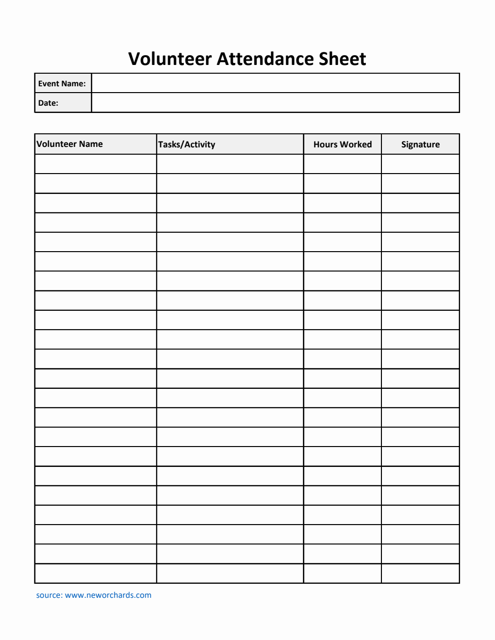 Printable Volunteer Attendance Sheet in Excel
