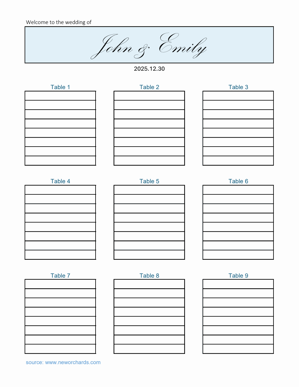Basic Wedding Seating Chart Template | Free Excel Download