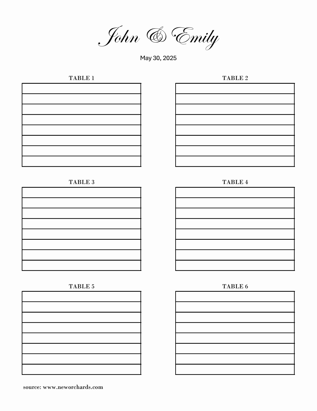 Wedding Seating Plan in Excel (6 Tables)