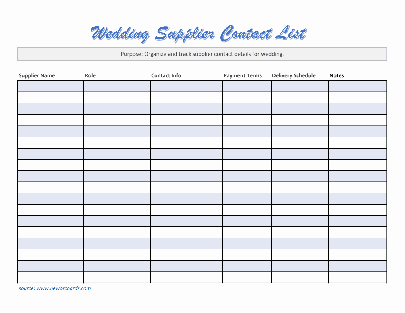 Wedding Supplier Contact List Template (Excel)