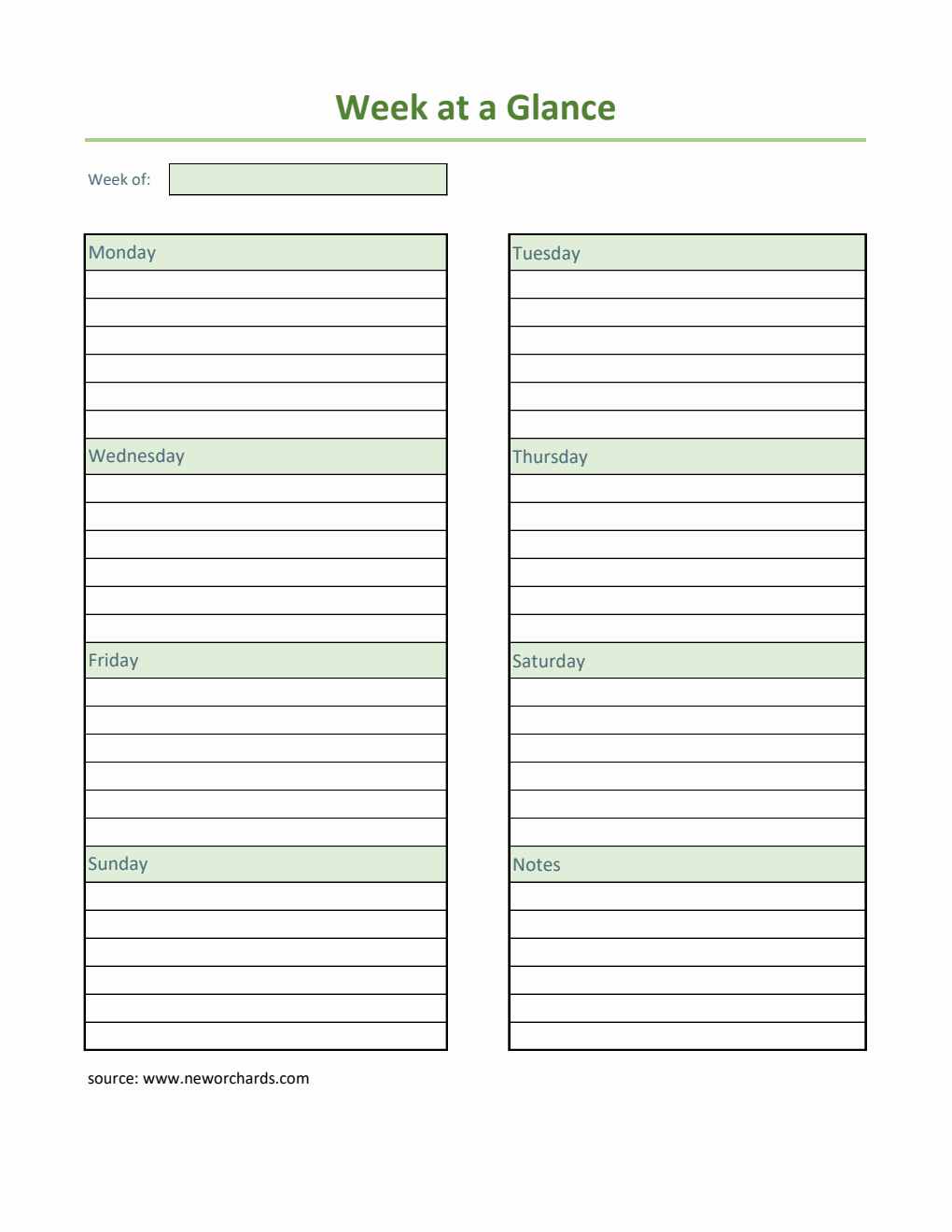  Week at a Glance Template (Excel)