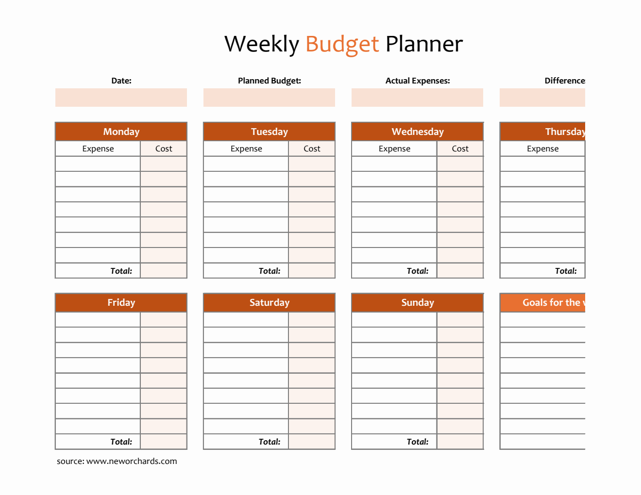 Blank Excel Weekly Budget Spreadsheet - Smart Expense Tracker with Auto-Calculations