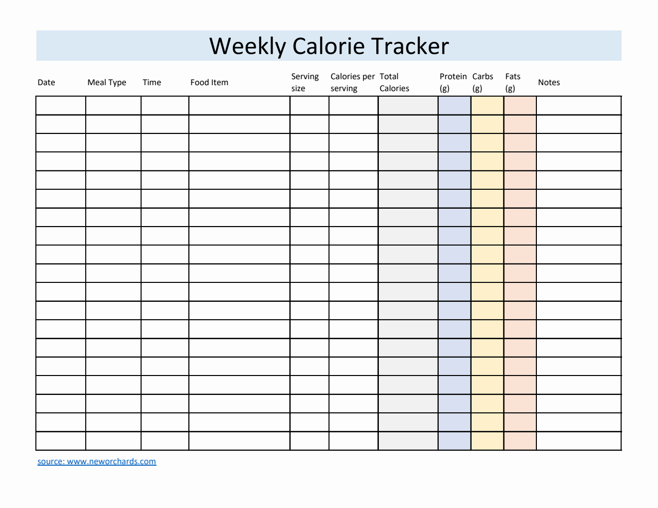 Free Editable Excel Weekly Calorie Tracker (Basic)