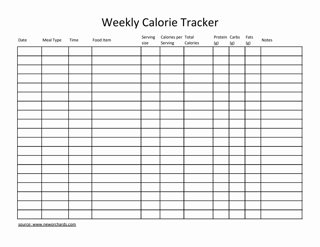 Free Editable Excel Weekly Calorie Tracker (Simple)