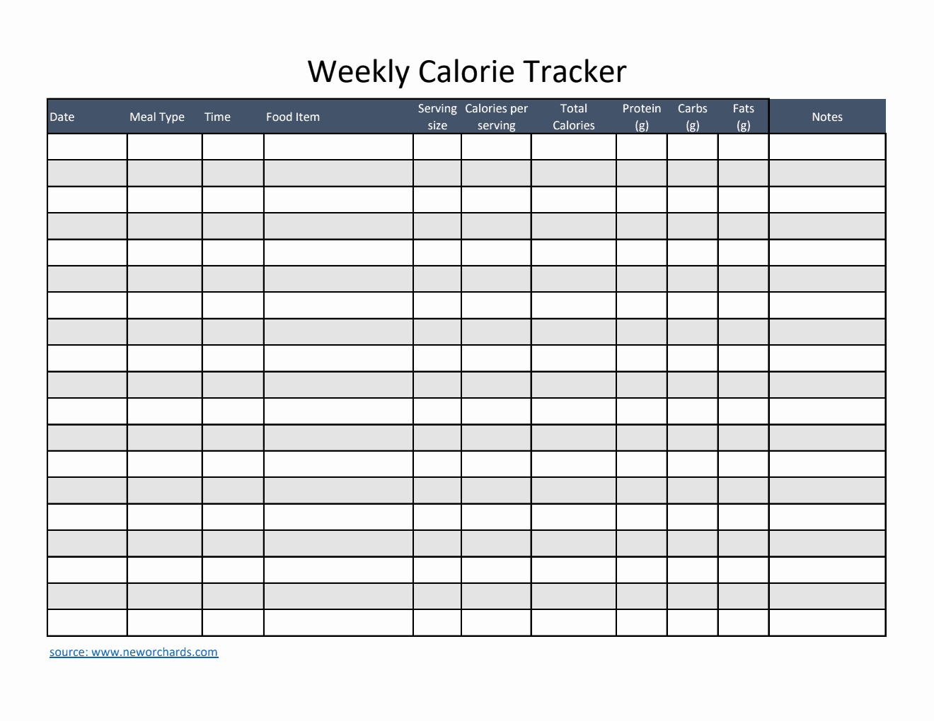 Free Editable Excel Weekly Calorie Tracker (Striped)