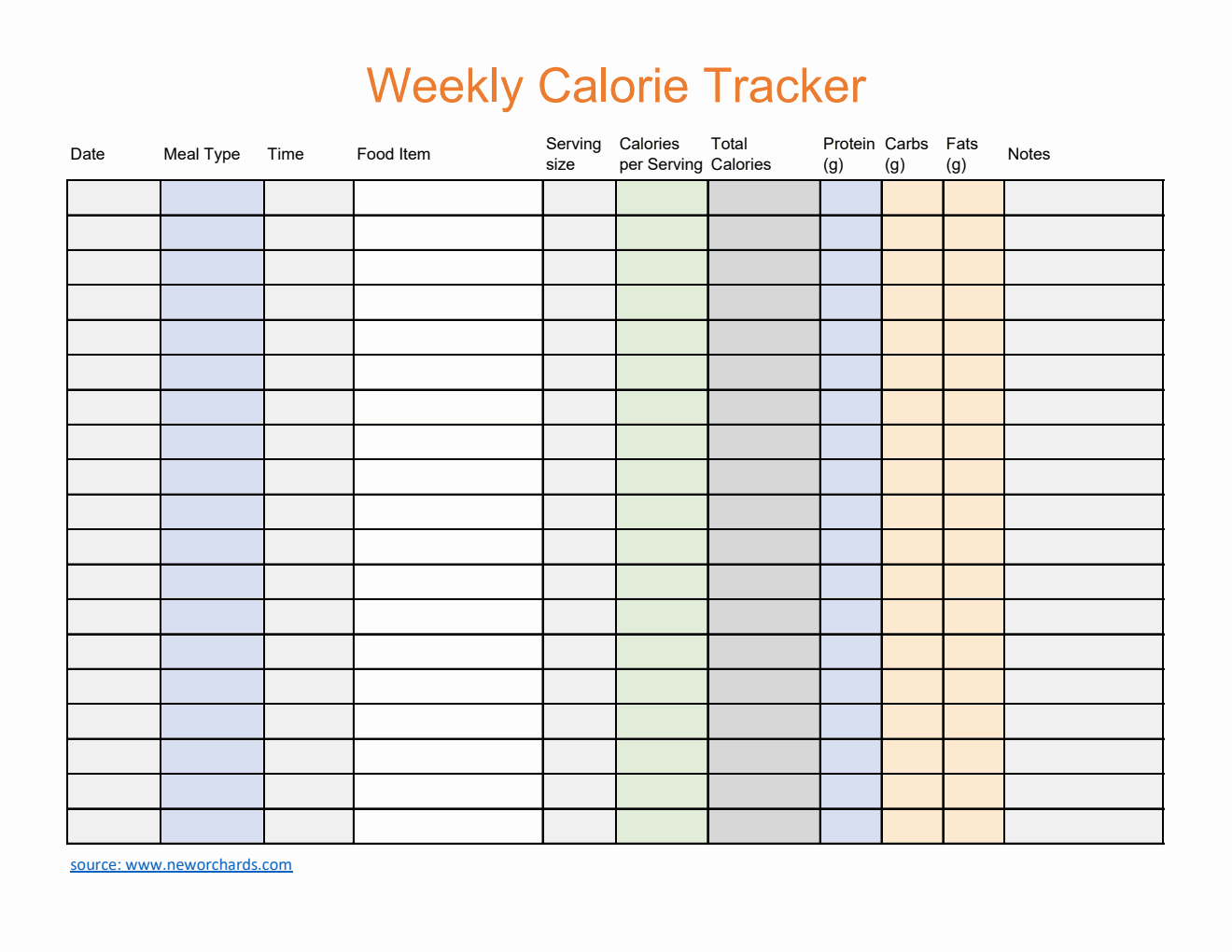 Free Editable Excel Weekly Calorie Tracker (Colorful)