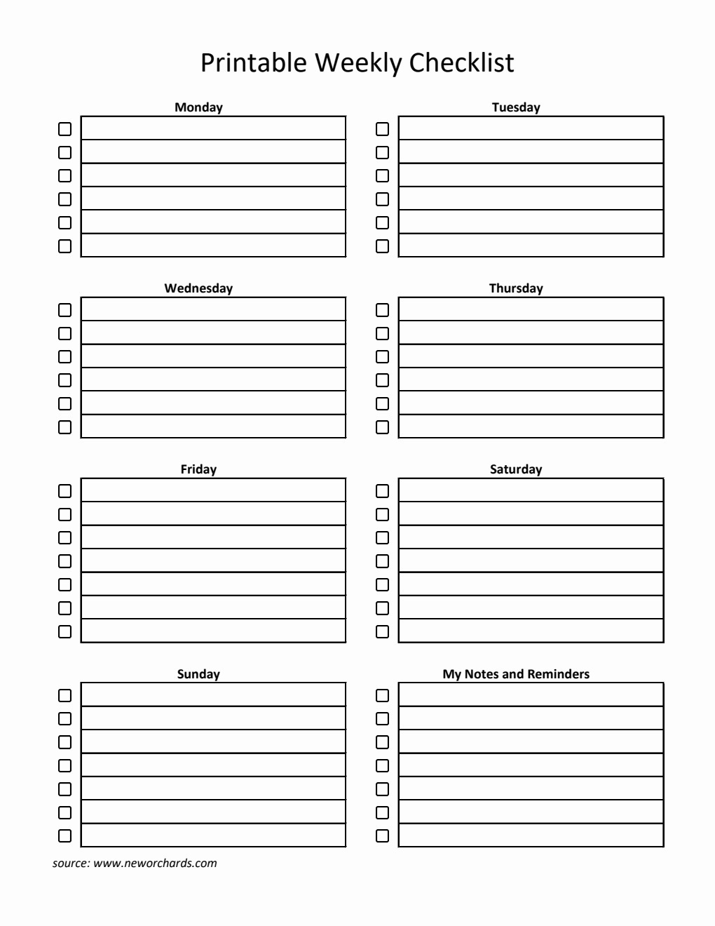 Printable Weekly Checklist Template Excel