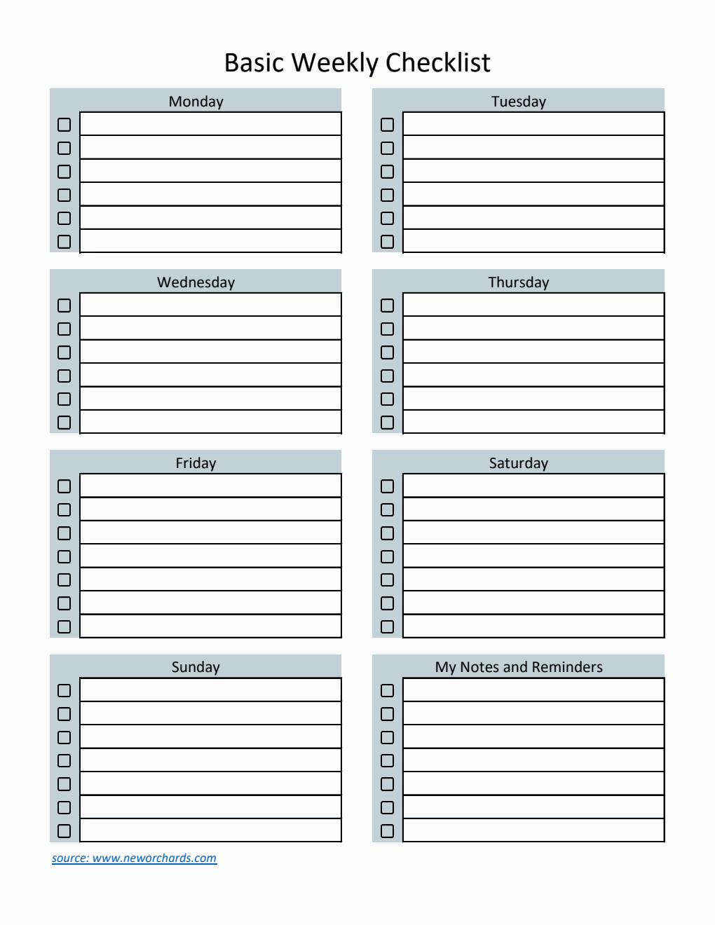 Basic Weekly Checklist Template Excel