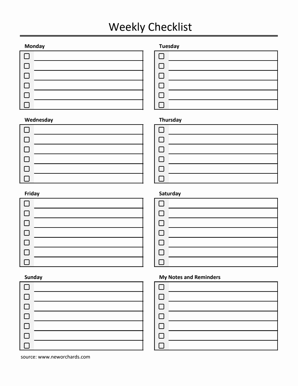Editable Weekly Checklist Template Excel