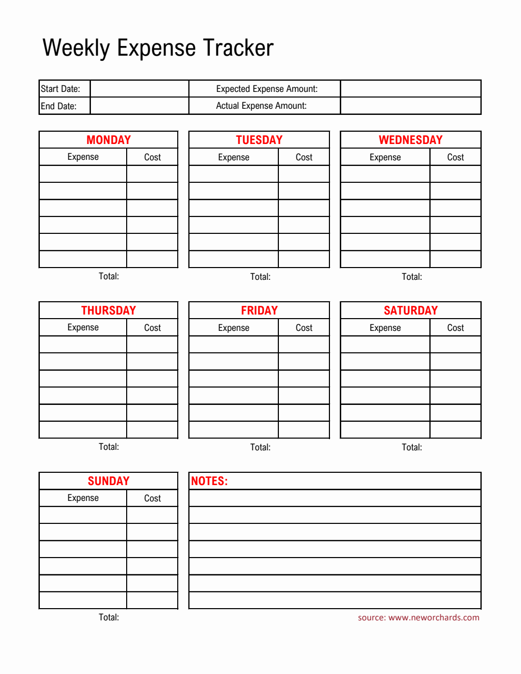 Free  Weekly Expense Tracker in Excel