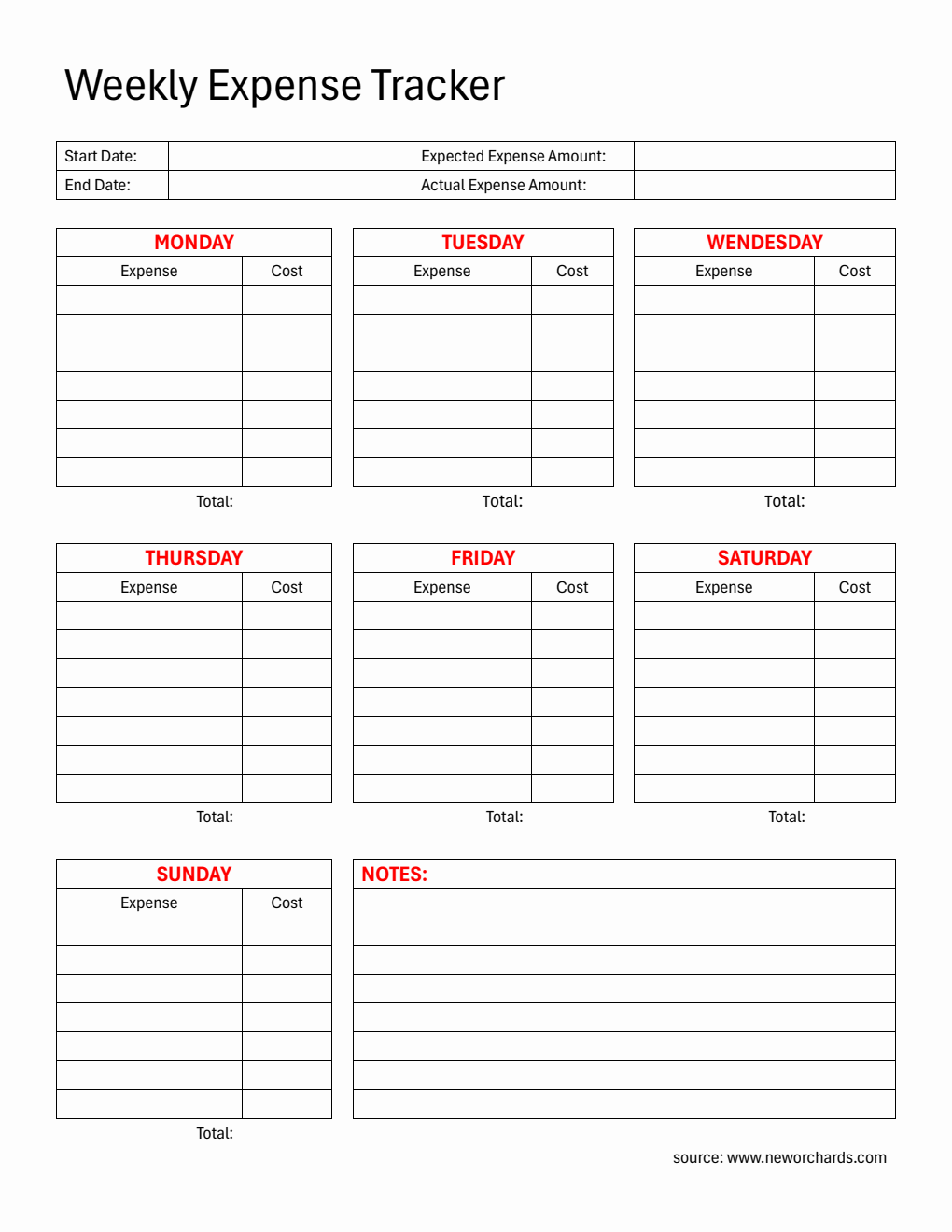 Free  Weekly Expense Tracker in Word