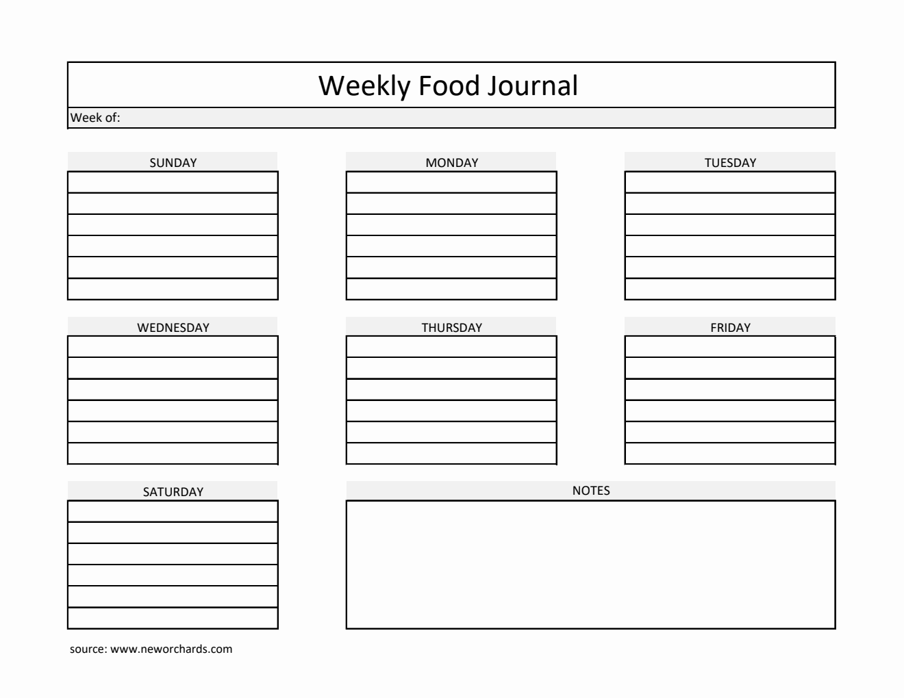Landscape Weekly Food Journal Template |  Free Excel Download