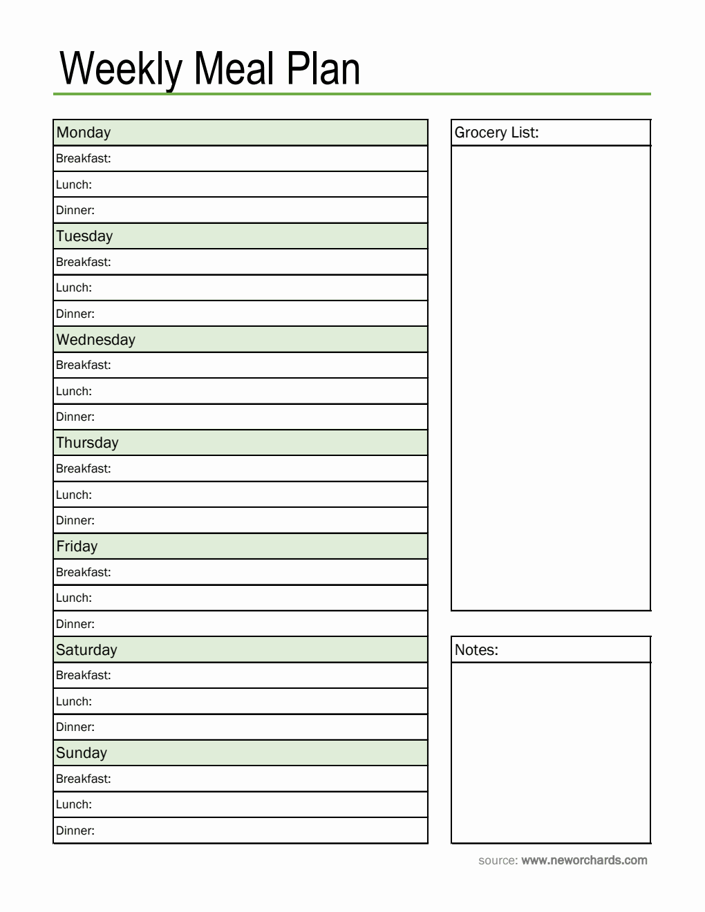 Free Simple Weekly Meal Plan Template (Excel)