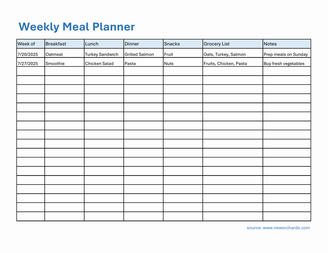 Weekly Meal Planner - Excel