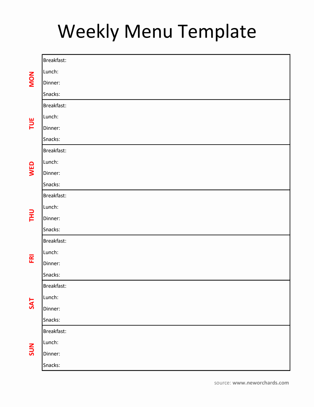 Free Printable Weekly Menu Template in Excel