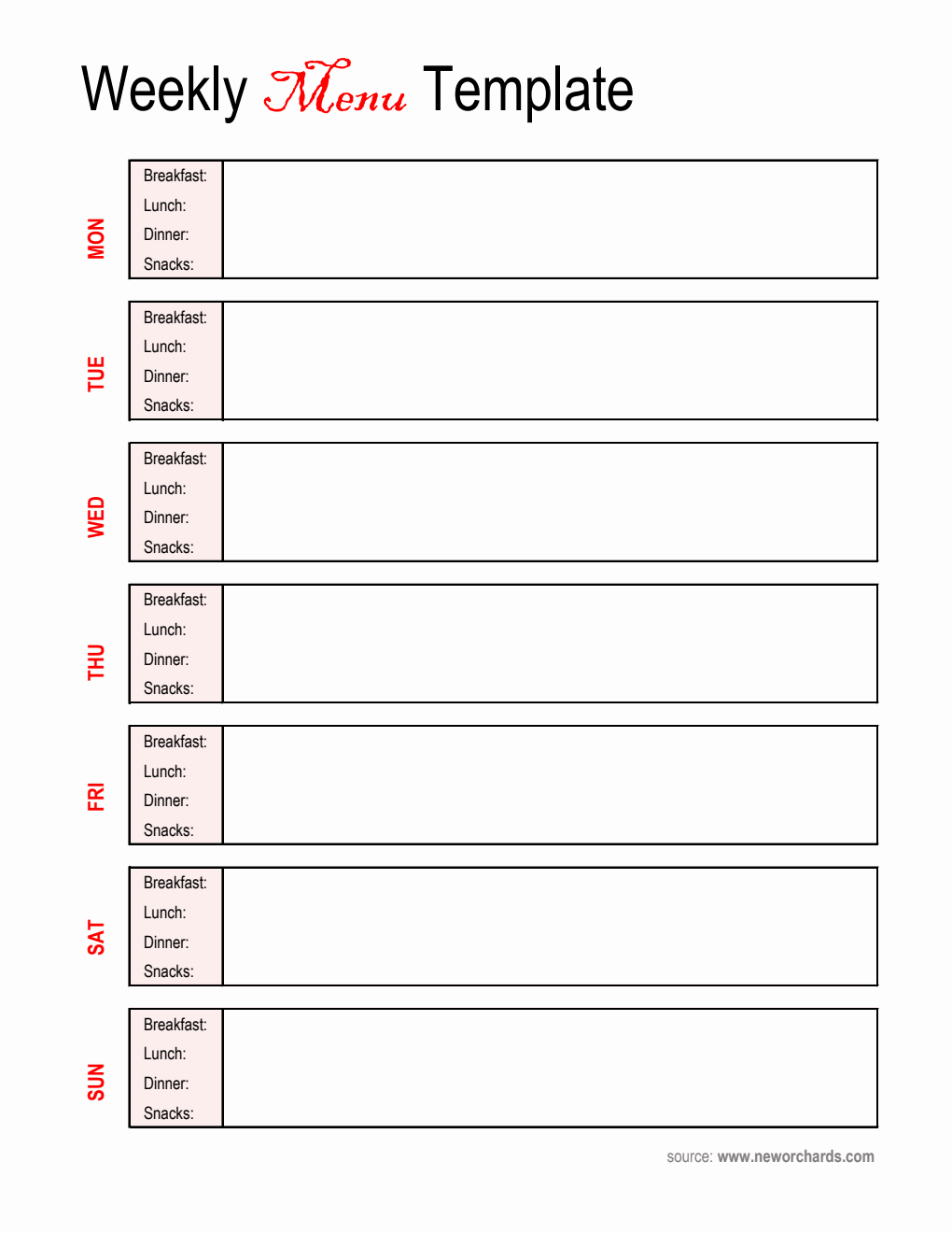 Free Downloadable Weekly Menu Template in Excel