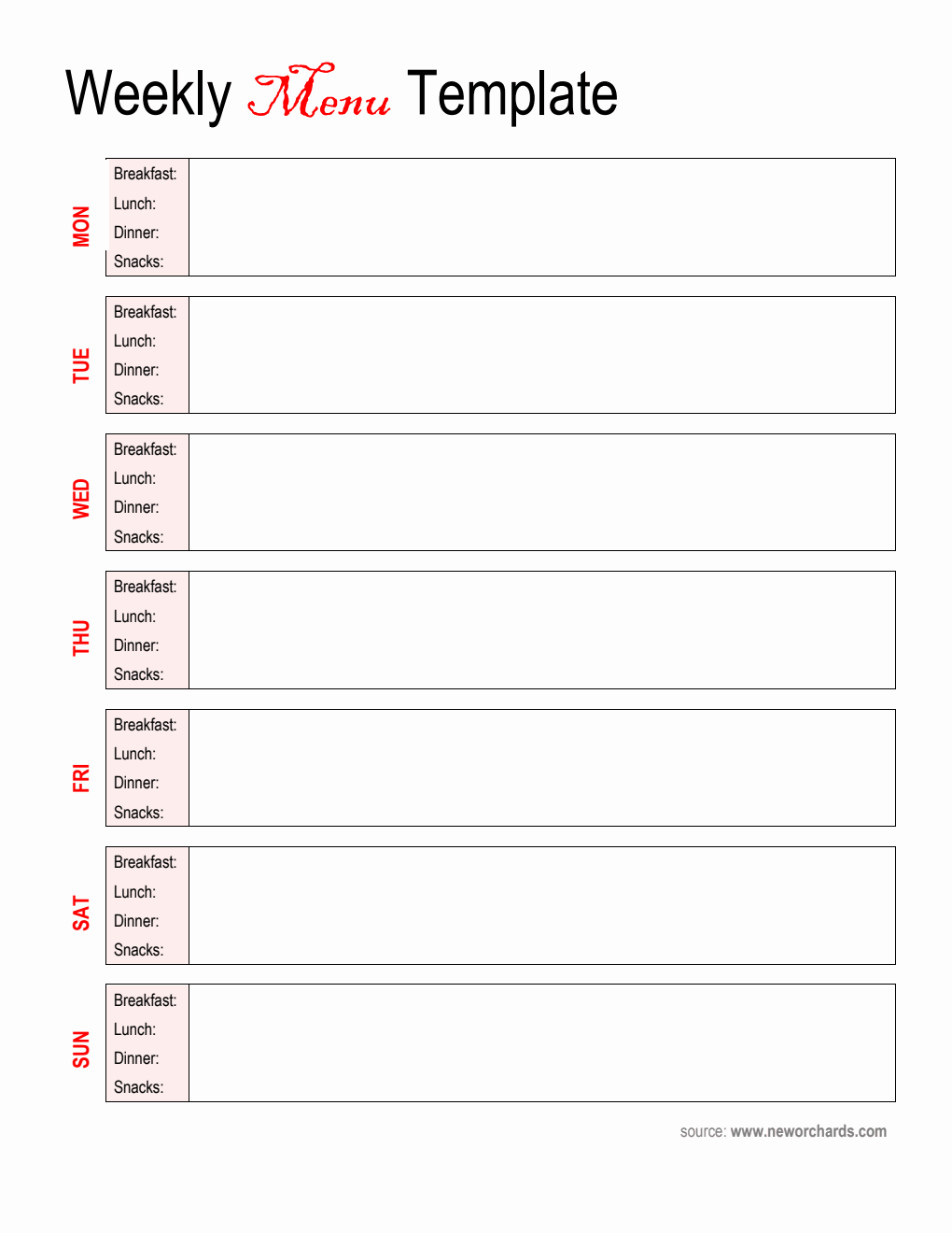 Free Downloadable Weekly Menu Template in Word