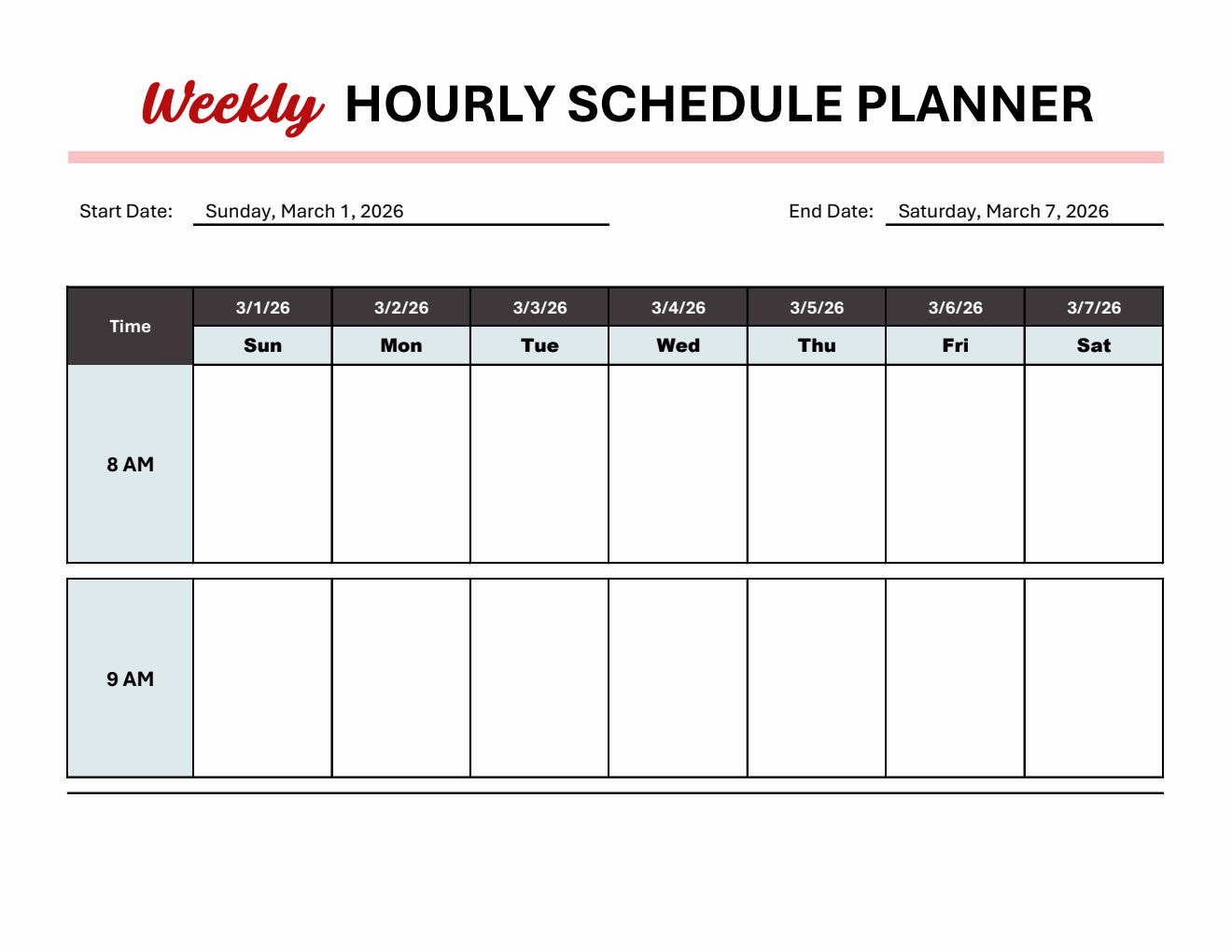 Classic Weekly Hourly Schedule Template in Excel