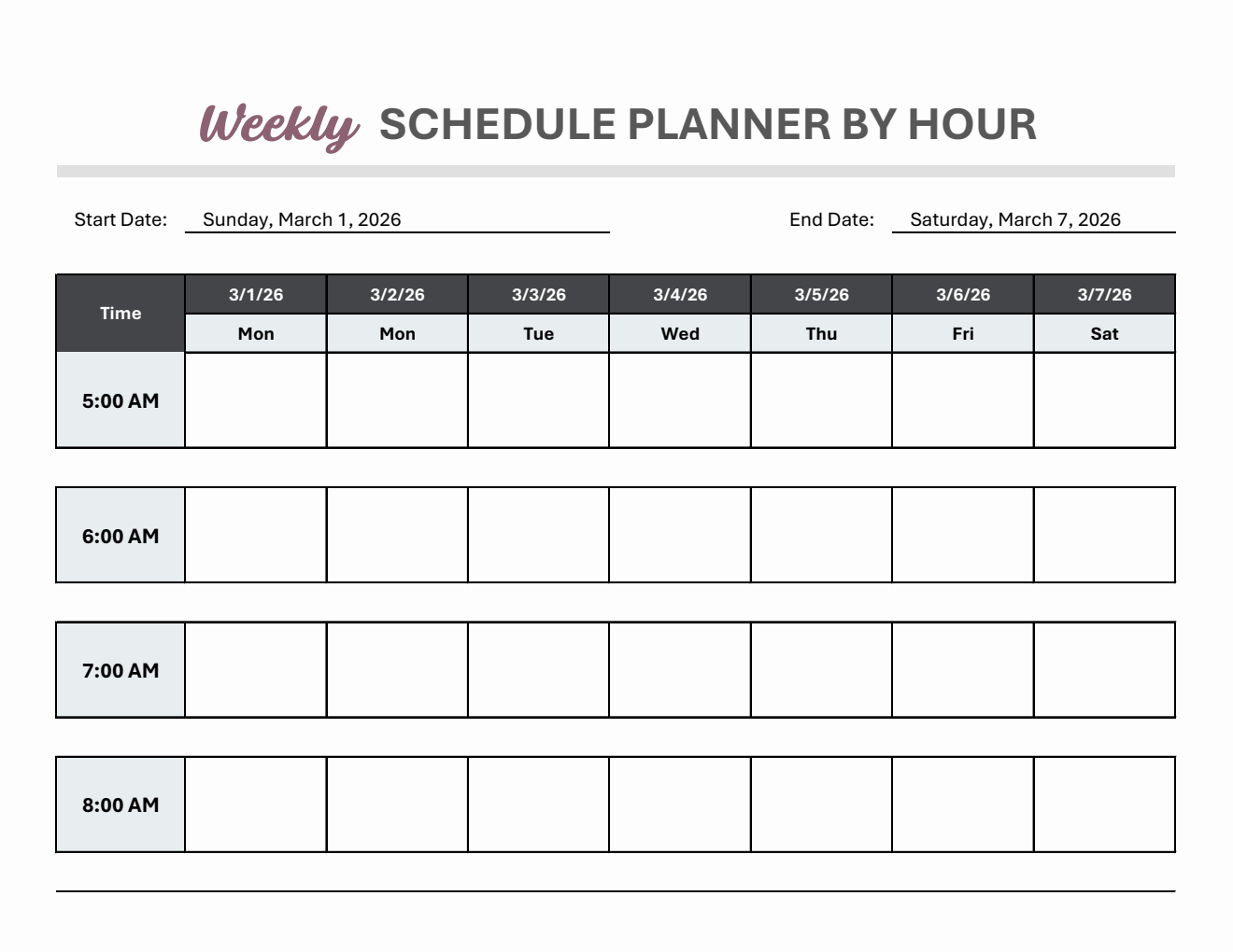 Downloadable Weekly Hourly Schedule Template in Excel