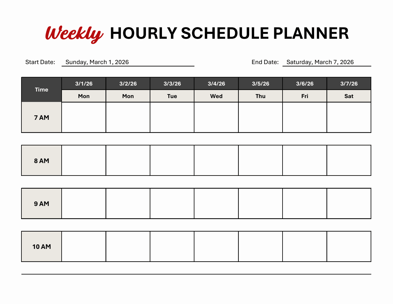 Simple Weekly Hourly Schedule Template in Excel