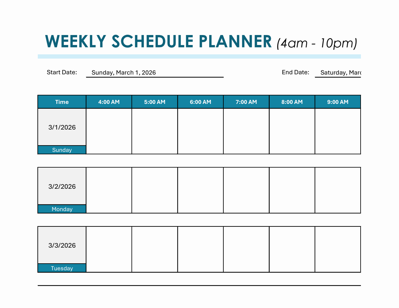 Editable Weekly Hourly Schedule Template in Excel
